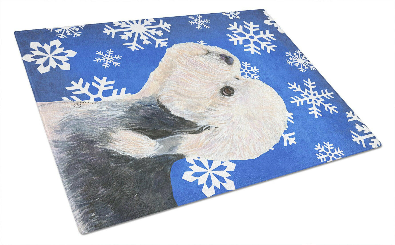 Dandie Dinmont Terrier Winter Snowflakes Holiday Glass Cutting Board Large by Caroline's Treasures