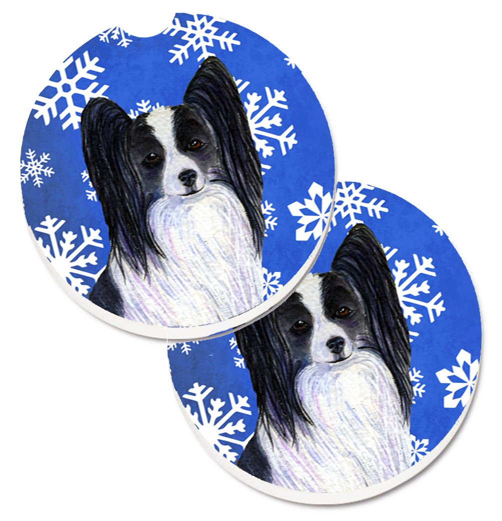 Papillon Winter Snowflakes Holiday Set of 2 Cup Holder Car Coasters SS4643CARC by Caroline&#39;s Treasures