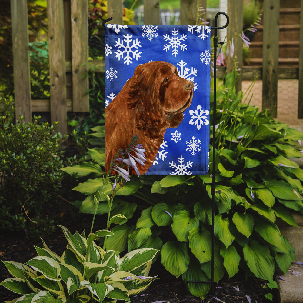 Sussex Spaniel Winter Snowflakes Holiday Flag Garden Size.