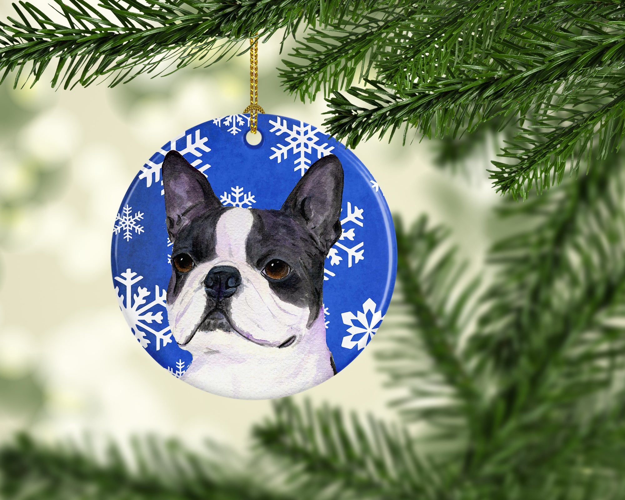Boston Terrier Winter Snowflakes Holiday Christmas Ceramic Ornament SS4654 - the-store.com