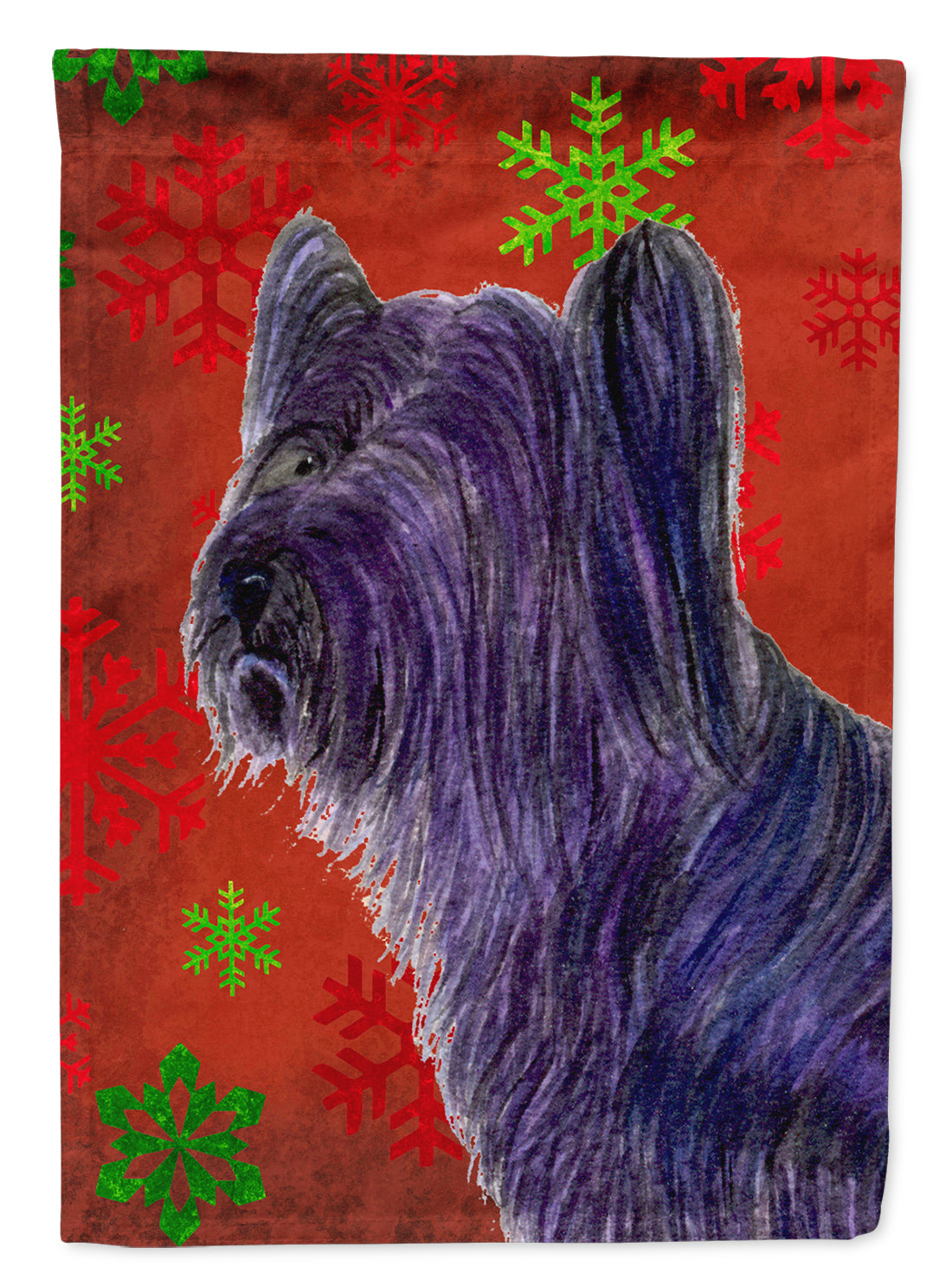 Skye Terrier Red Green Snowflake Holiday Christmas Flag Garden Size.