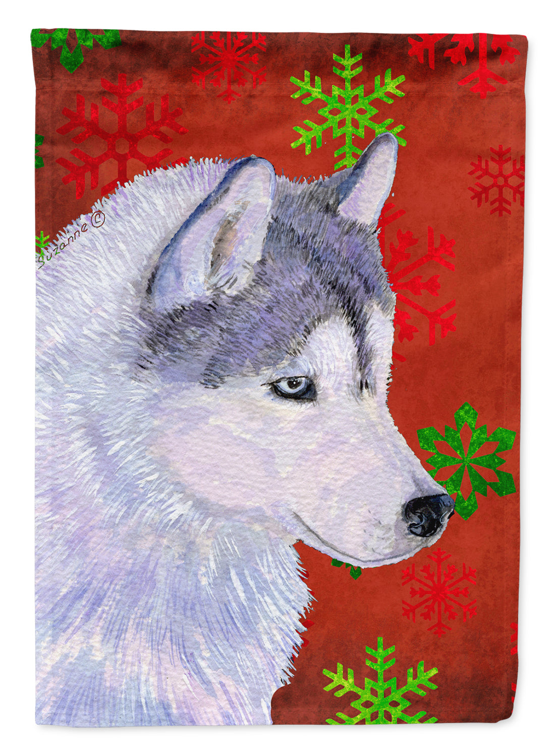 Siberian Husky Red Green Snowflakes Holiday Christmas Flag Canvas House Size