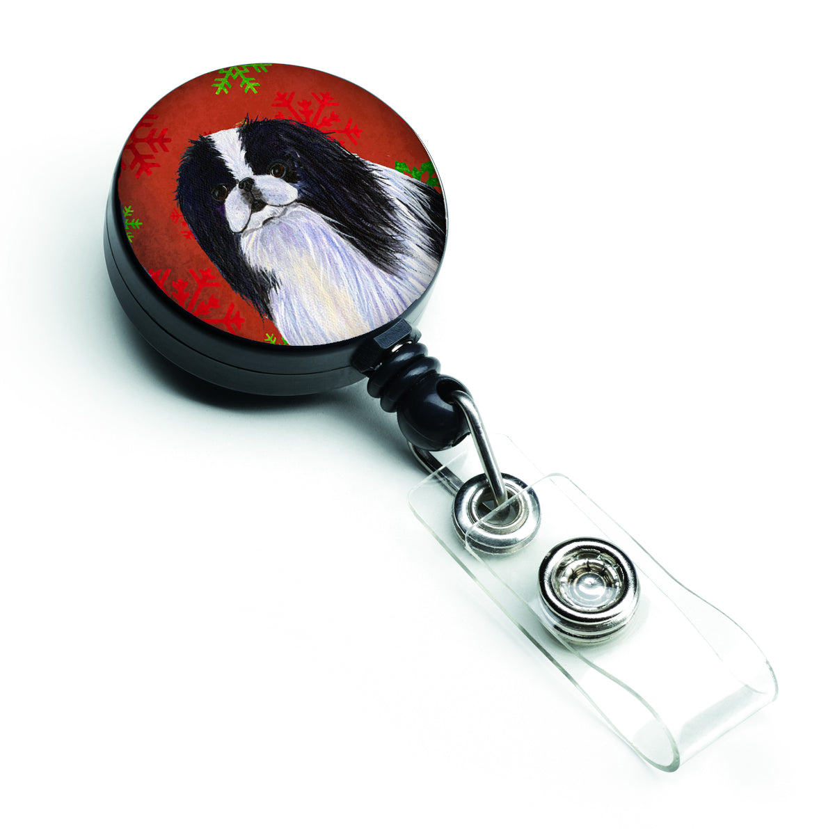 Japanese Chin Red and Green Snowflakes Holiday Christmas Retractable Badge Reel SS4674BR