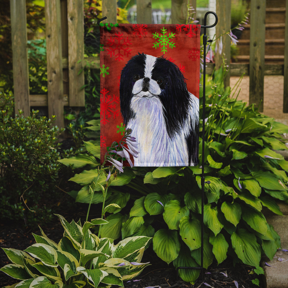 Japanese Chin Red and Green Snowflakes Holiday Christmas Flag Garden Size.