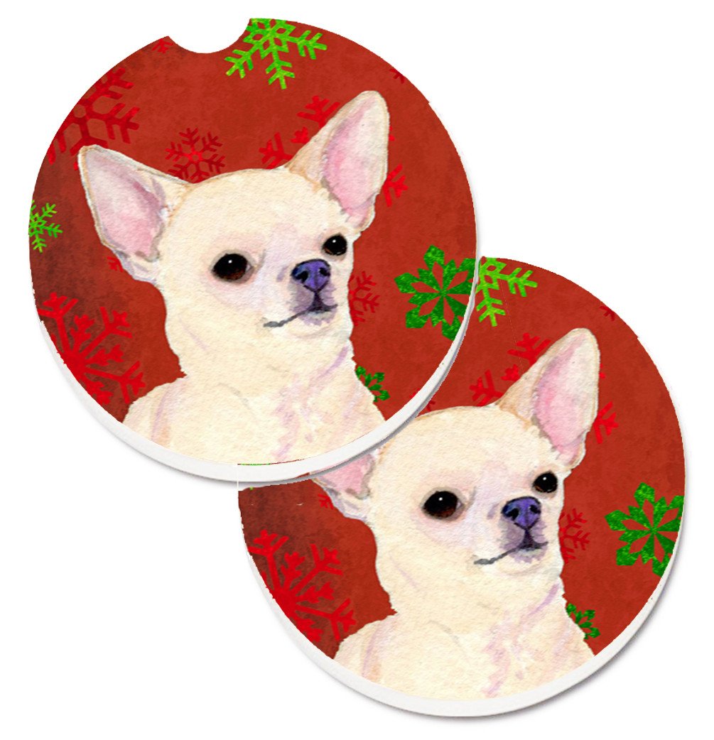 Chihuahua Red and Green Snowflakes Holiday Christmas Set of 2 Cup Holder Car Coasters SS4679CARC by Caroline&#39;s Treasures