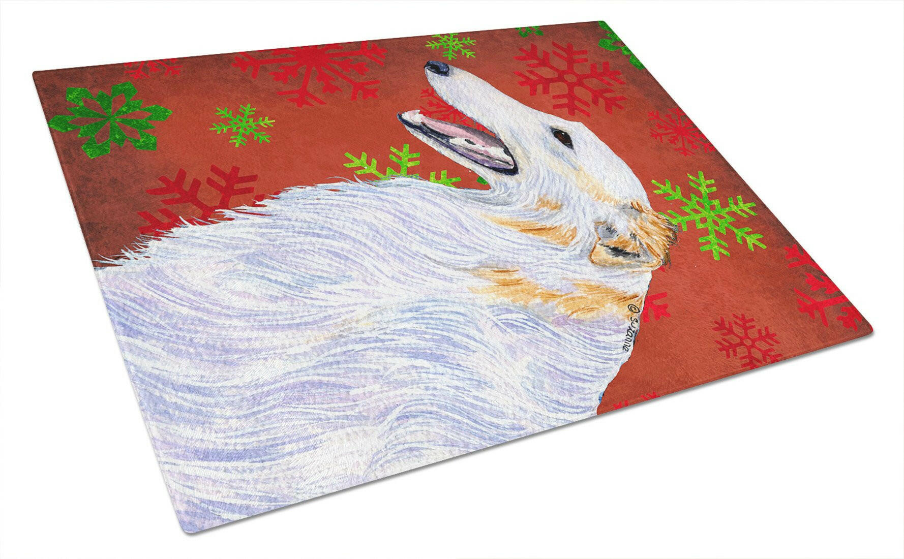 Borzoi Red and Green Snowflakes Holiday Christmas Glass Cutting Board Large by Caroline's Treasures