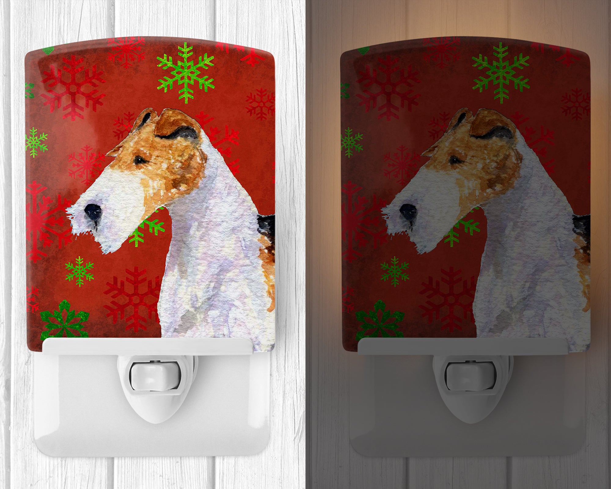 Fox Terrier Red and Green Snowflakes Holiday Christmas Ceramic Night Light SS4685CNL - the-store.com