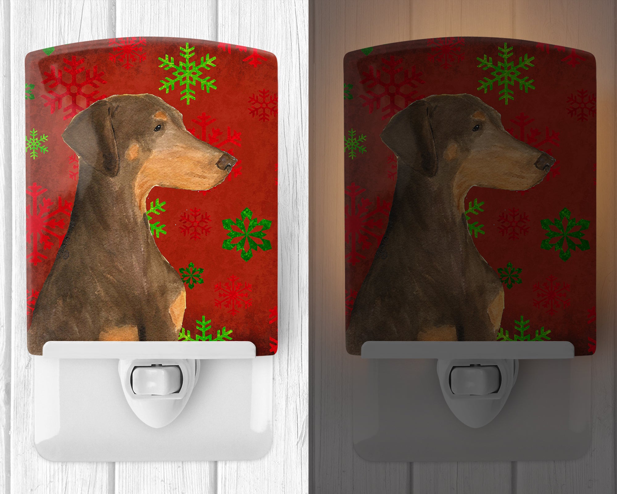 Doberman Red and Green Snowflakes Holiday Christmas Ceramic Night Light SS4686CNL - the-store.com