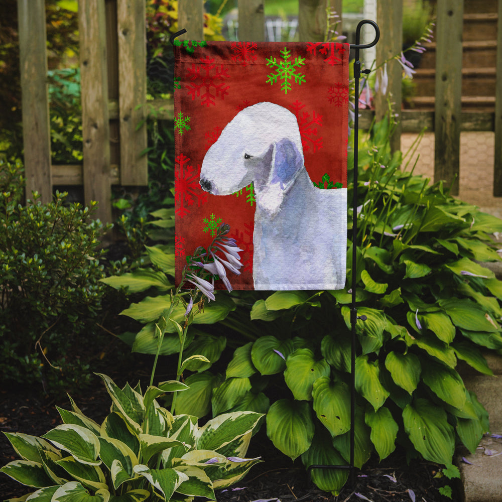 Bedlington Terrier Red and Green Snowflakes Holiday Christmas Flag Garden Size.