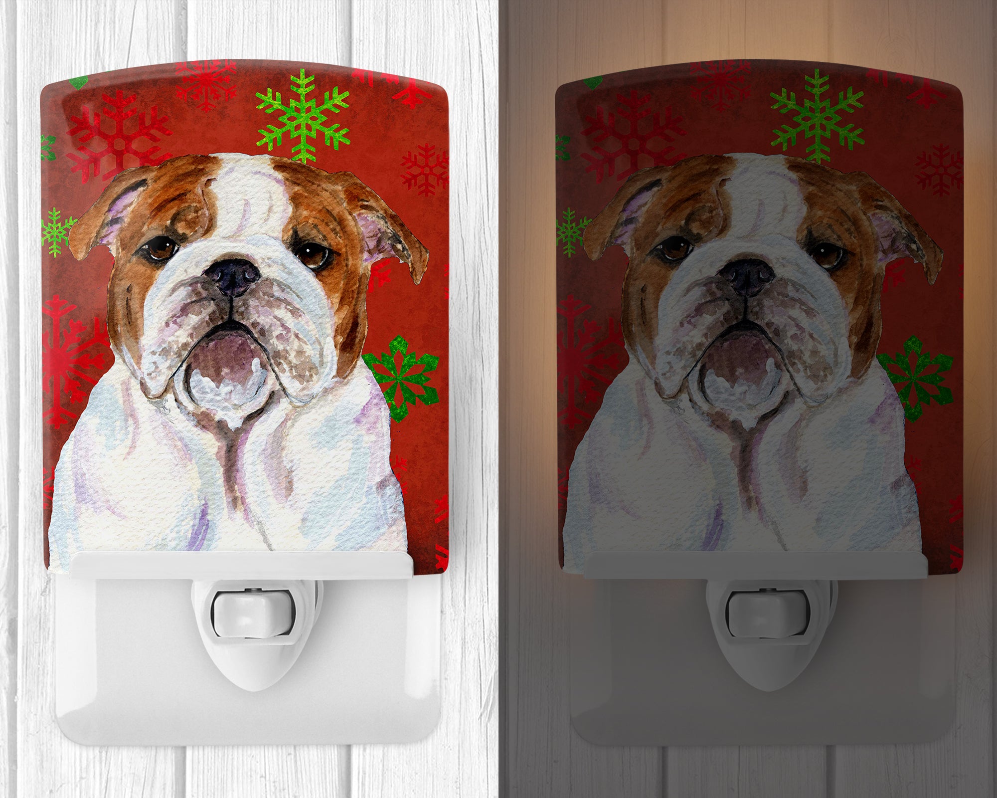 Bulldog English Red and Green Snowflakes Holiday Christmas Ceramic Night Light SS4691CNL - the-store.com