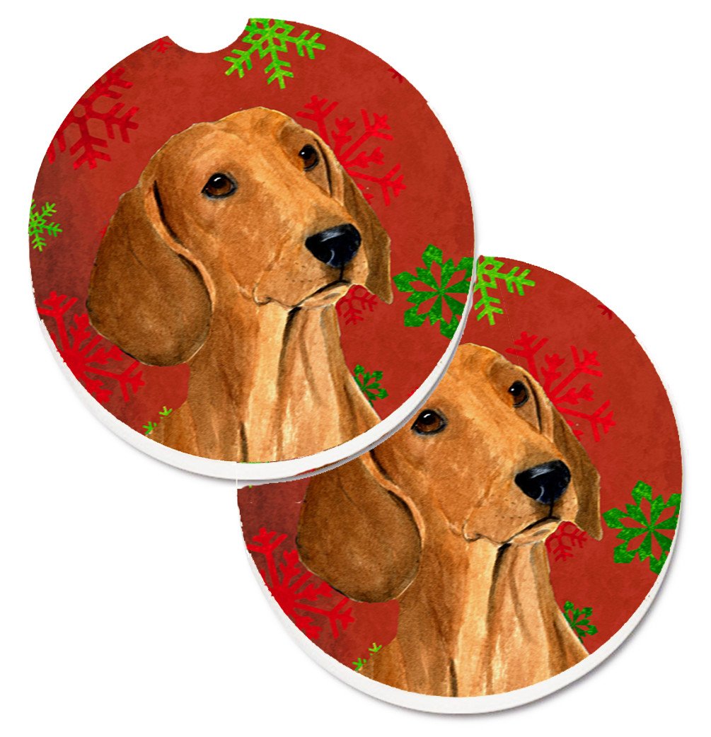 Dachshund Red and Green Snowflakes Holiday Christmas Set of 2 Cup Holder Car Coasters SS4694CARC by Caroline&#39;s Treasures