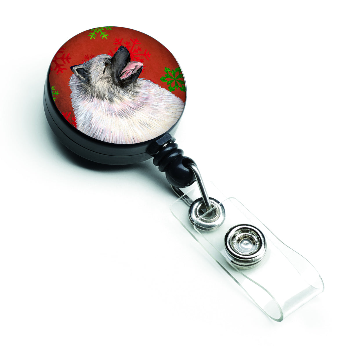 Keeshond Red and Green Snowflakes Holiday Christmas Retractable Badge Reel SS4695BR