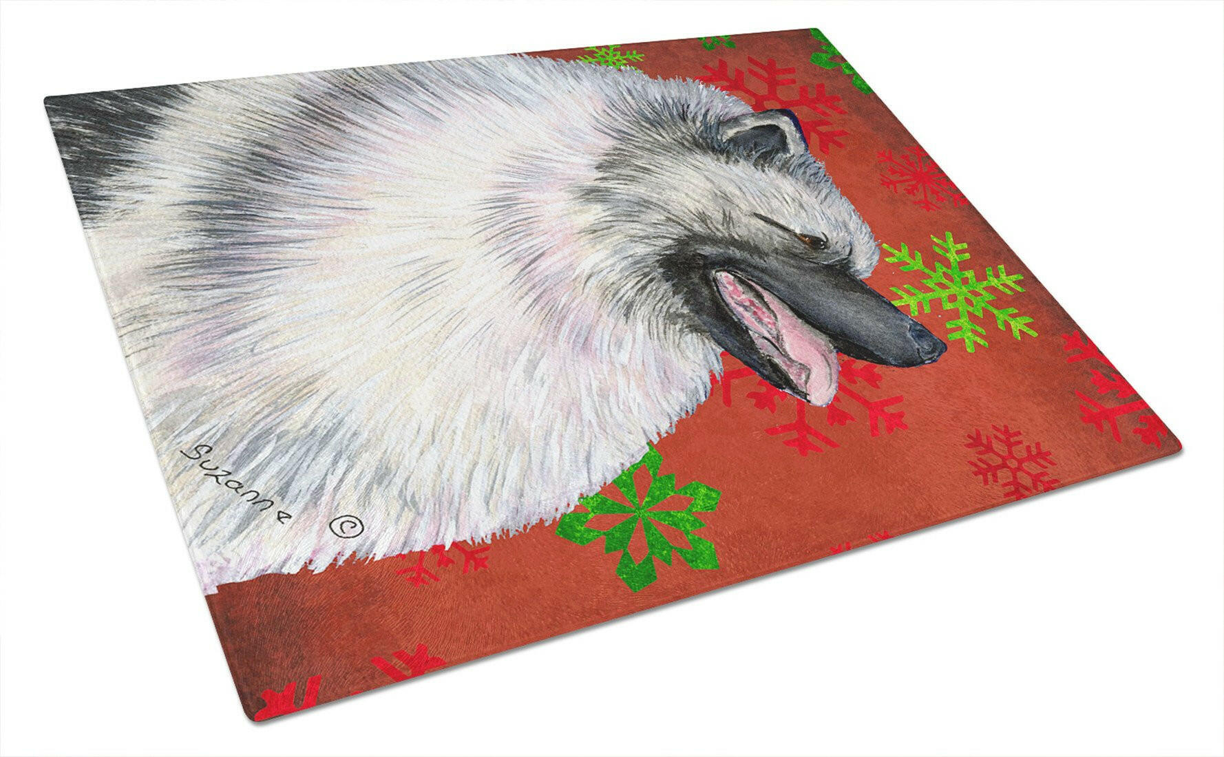 Keeshond Red and Green Snowflakes Holiday Christmas Glass Cutting Board Large by Caroline's Treasures