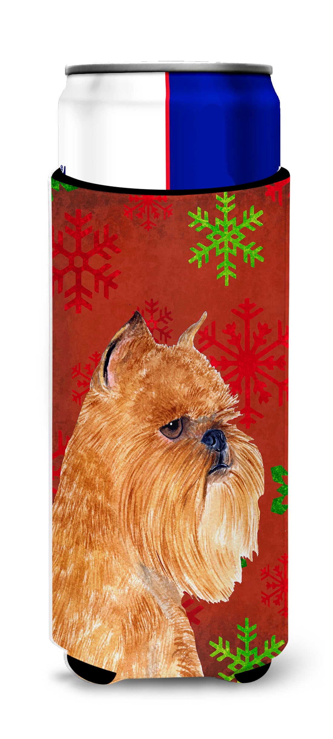 Brussels Griffon Red and Green Snowflakes Holiday Christmas Ultra Beverage Insulators for slim cans SS4701MUK