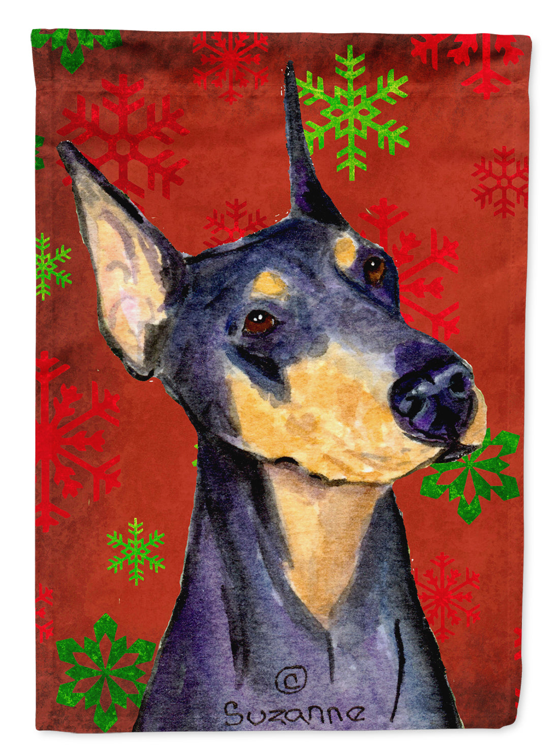 Doberman Red and Green Snowflakes Holiday Christmas Flag Garden Size.