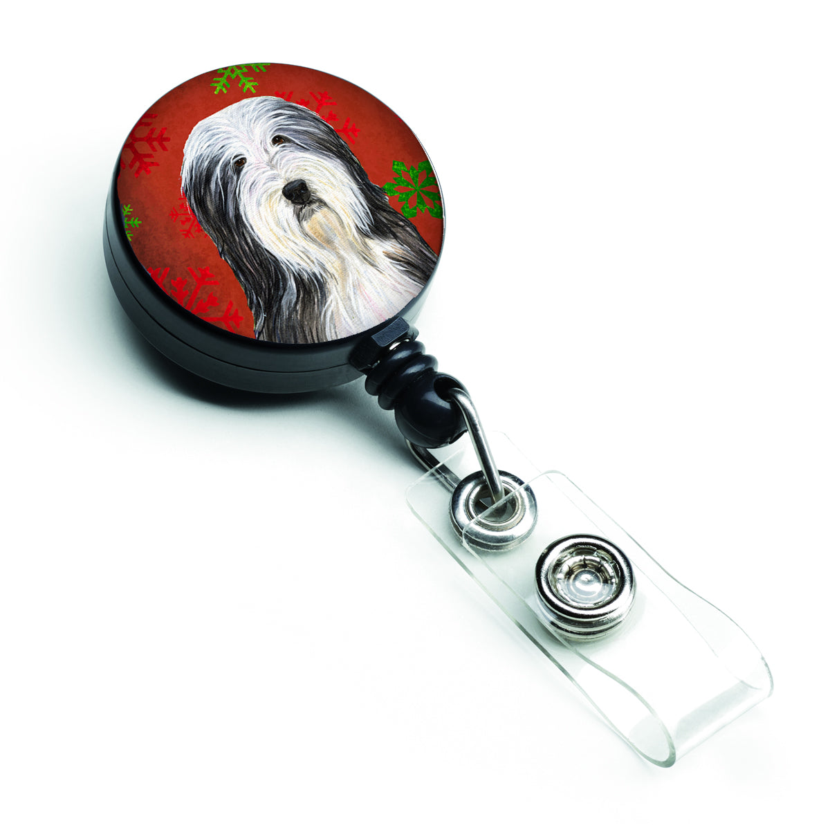 Bearded Collie Red and Green Snowflakes Holiday Christmas Retractable Badge Reel SS4704BR