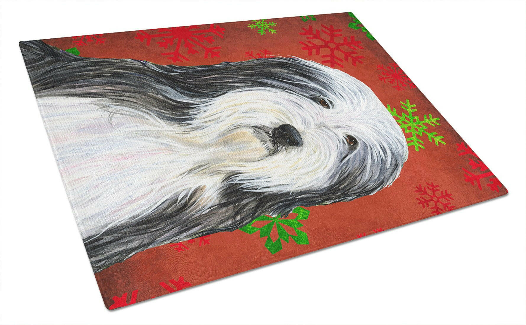 Bearded Collie Red and Green Snowflakes Christmas Glass Cutting Board Large by Caroline's Treasures