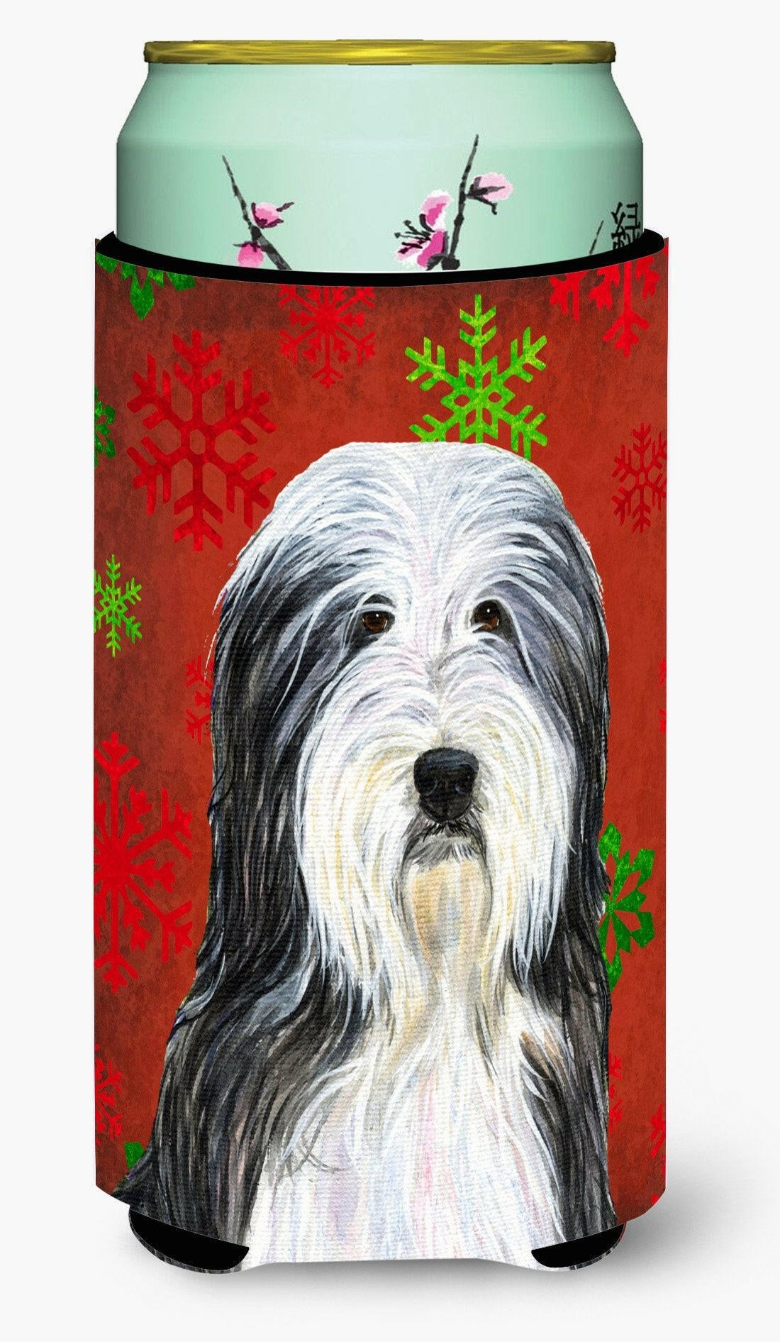 Bearded Collie Red and Green Snowflakes Holiday Christmas  Tall Boy Beverage Insulator by Caroline's Treasures