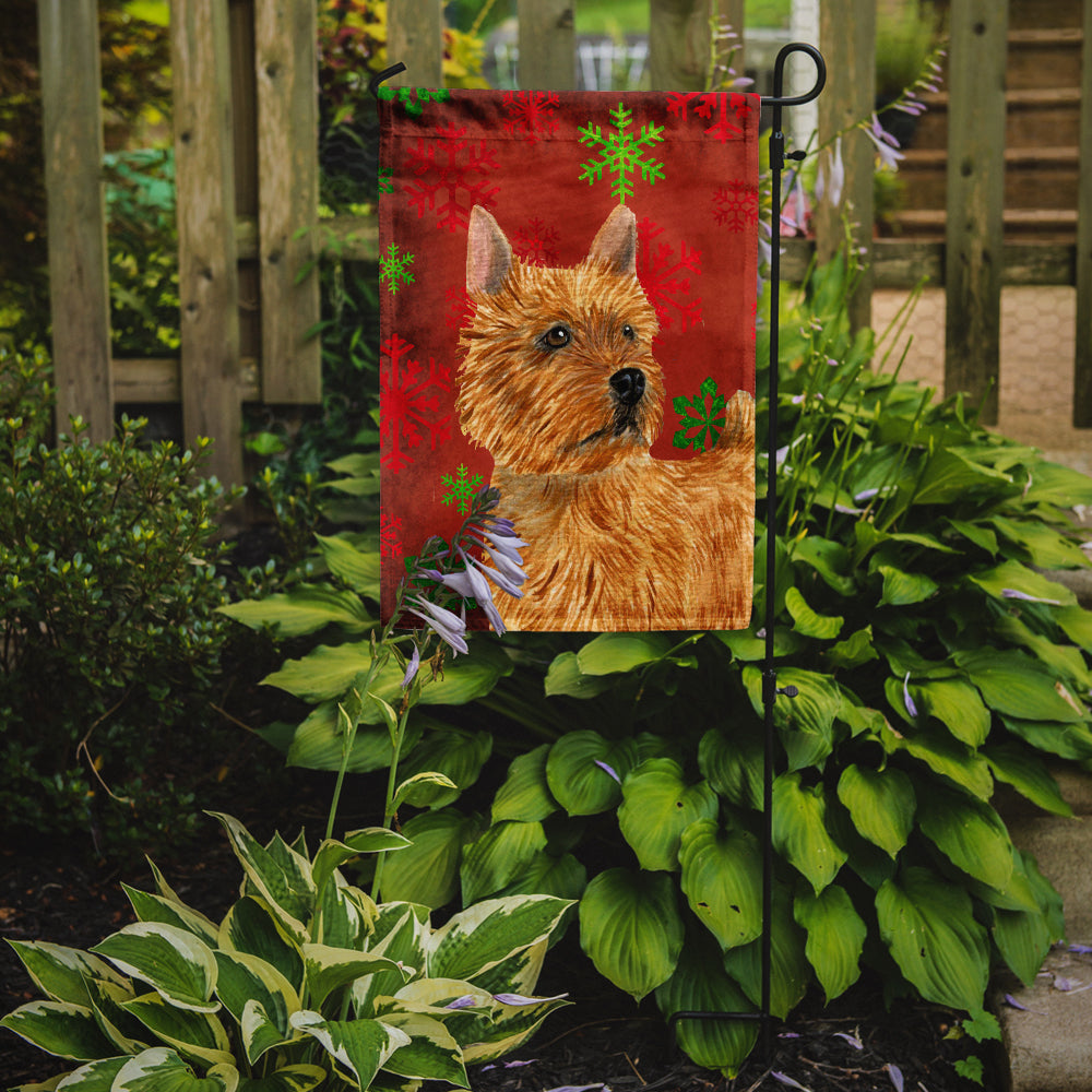 Norwich Terrier Red and Green Snowflakes Holiday Christmas Flag Garden Size.