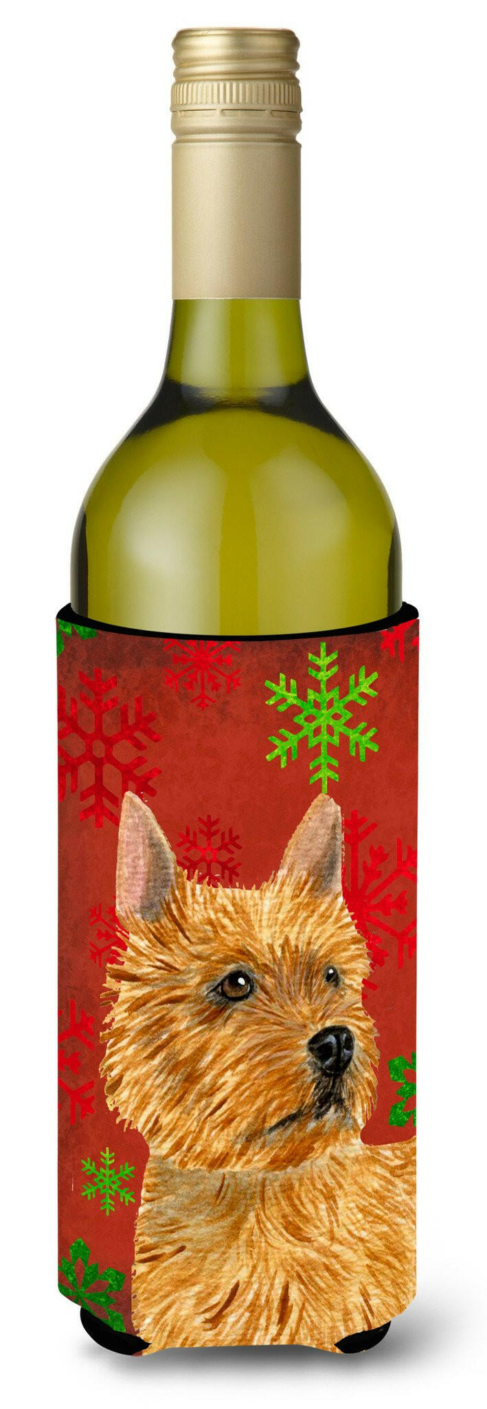 Norwich Terrier Red and Green Snowflakes Holiday Christmas Wine Bottle Beverage Insulator by Caroline's Treasures