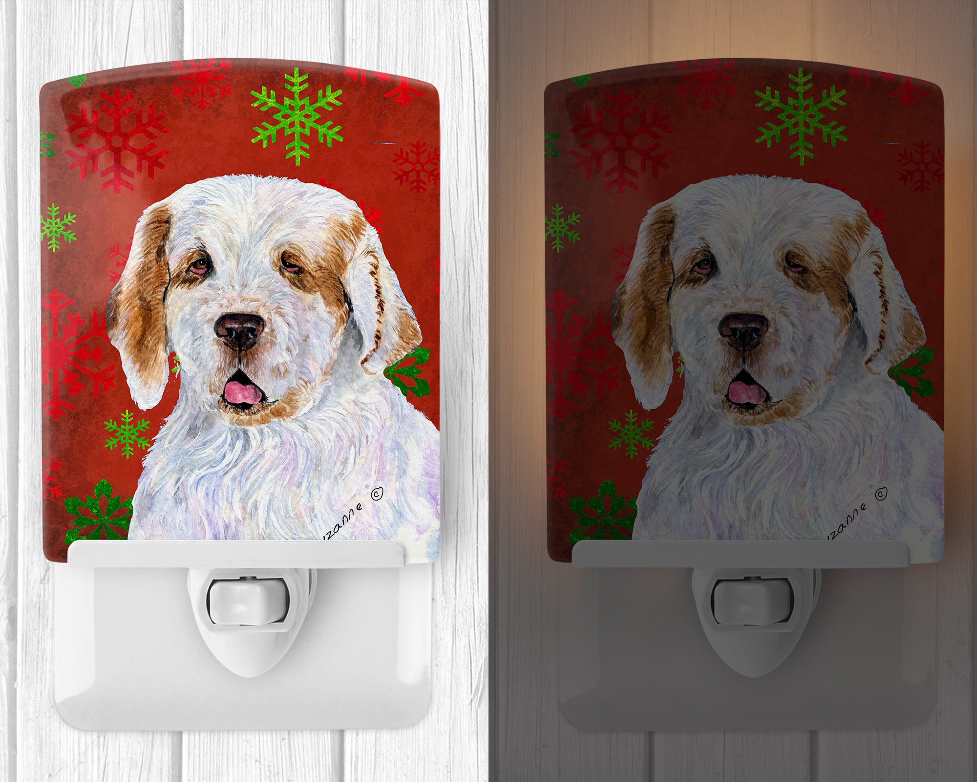 Clumber Spaniel Red and Green Snowflakes Holiday Christmas Ceramic Night Light SS4707CNL - the-store.com