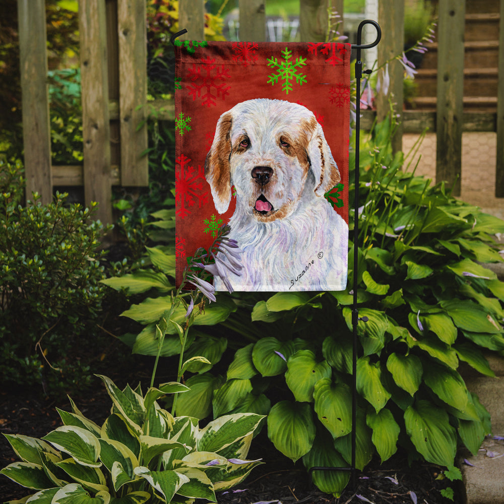 Clumber Spaniel Red and Green Snowflakes Holiday Christmas Flag Garden Size.