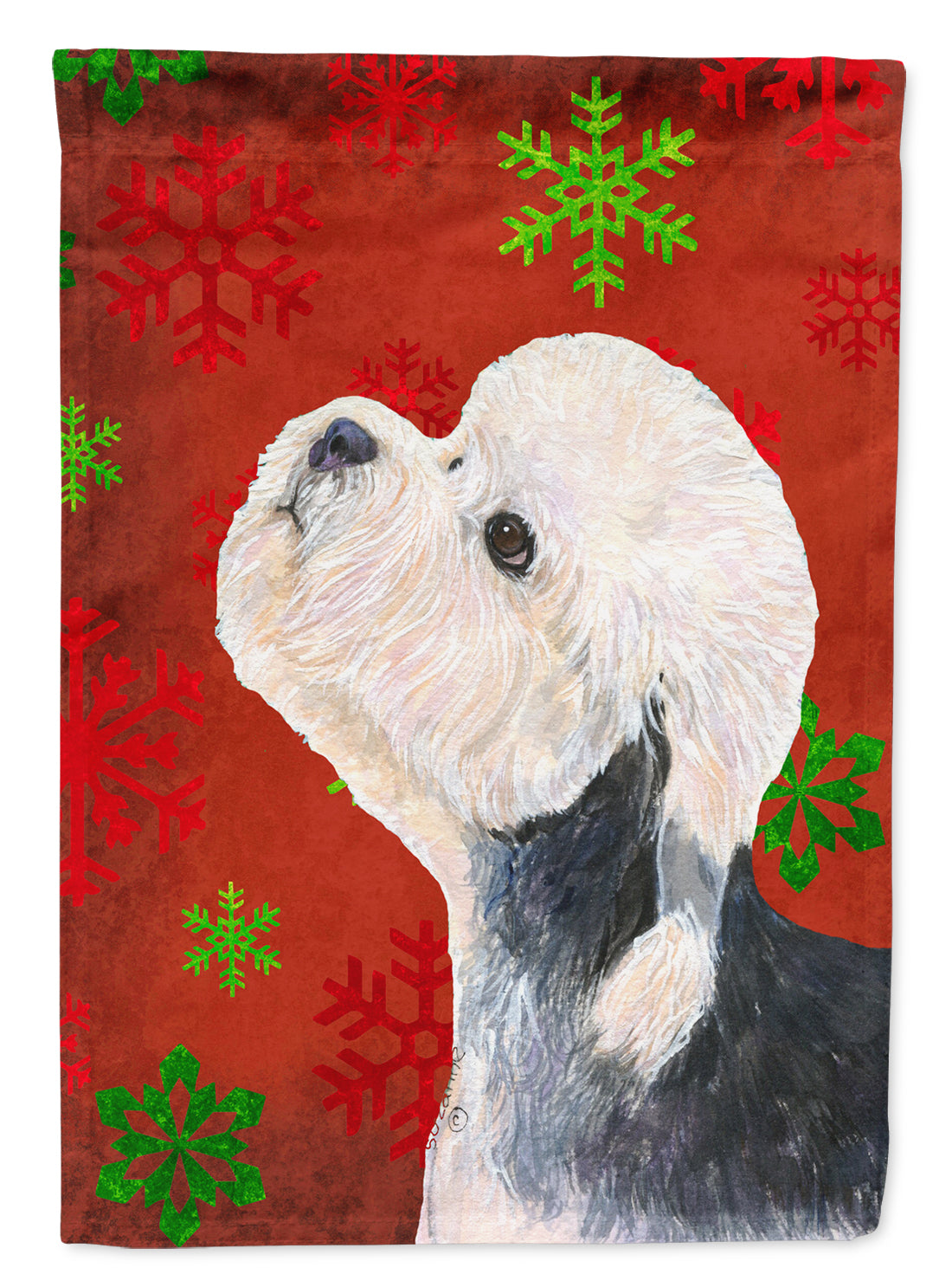 Dandie Dinmont Terrier Red Green Snowflakes Christmas Flag Garden Size.