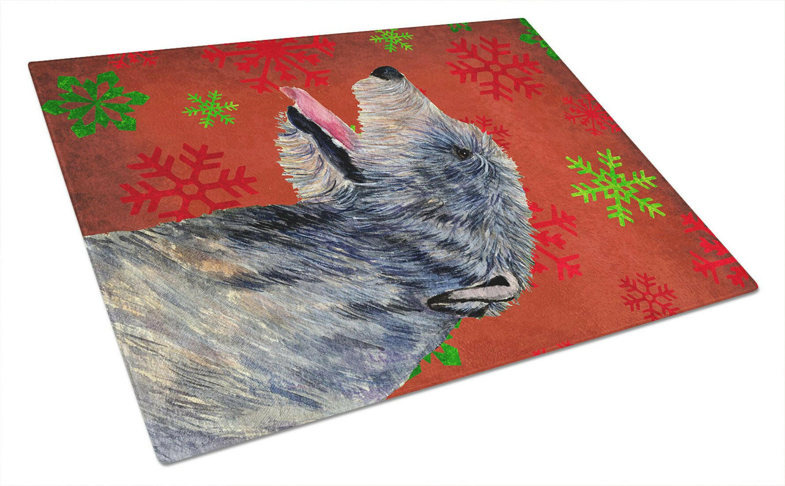 Irish Wolfhound Red and Green Snowflakes Christmas Glass Cutting Board Large by Caroline's Treasures
