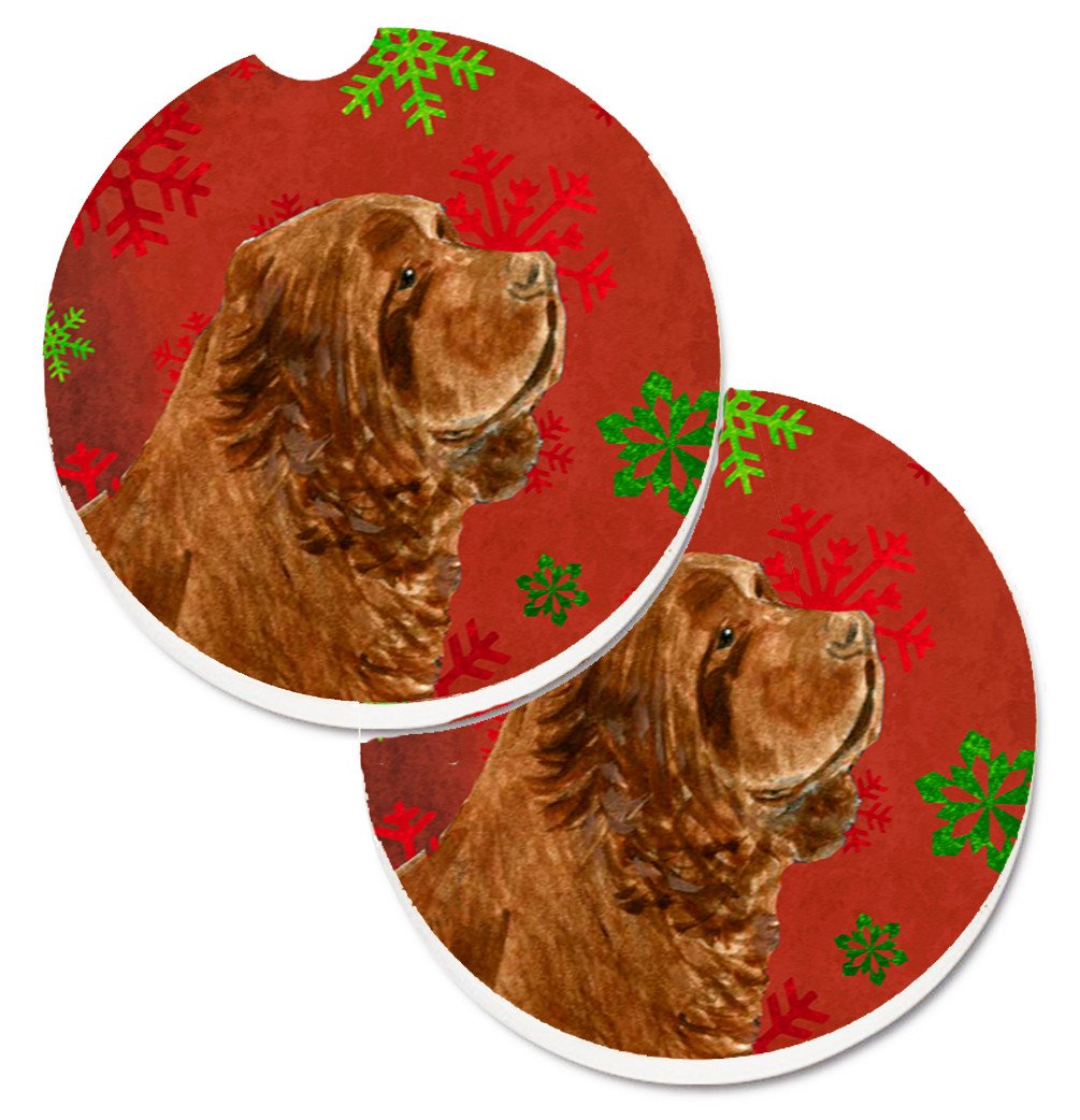 Sussex Spaniel Red Green Snowflake Holiday Christmas Set of 2 Cup Holder Car Coasters SS4717CARC by Caroline's Treasures