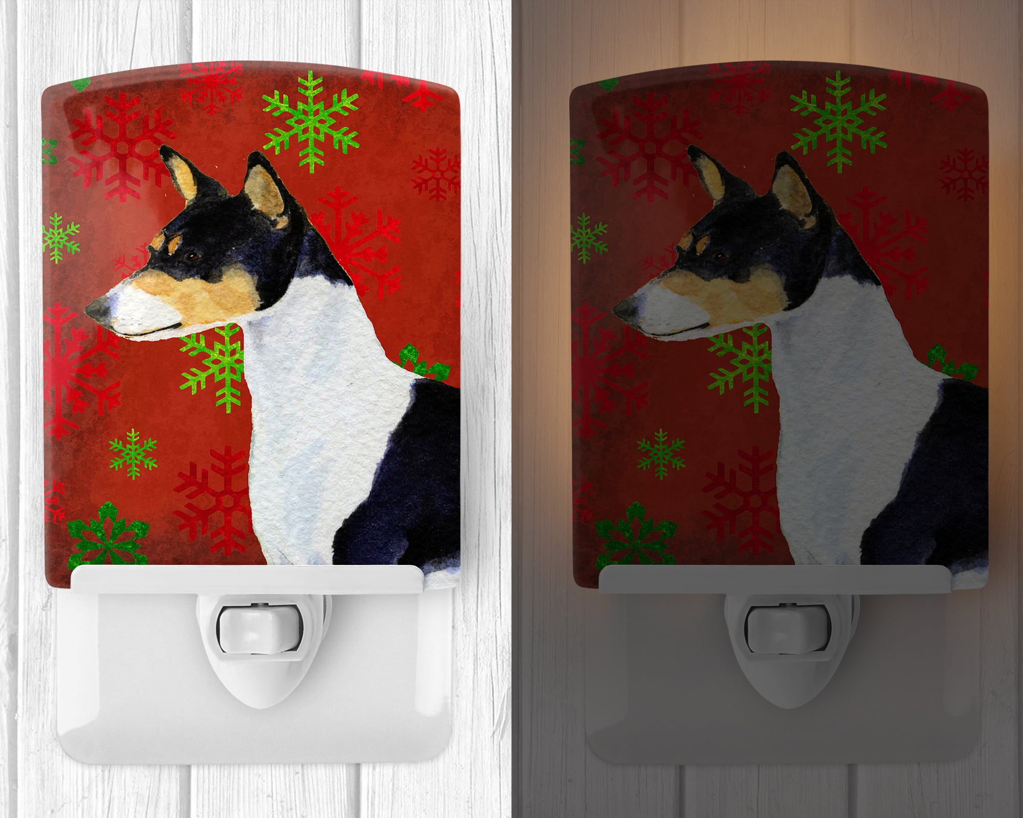 Basenji Red and Green Snowflakes Holiday Christmas Ceramic Night Light SS4721CNL - the-store.com