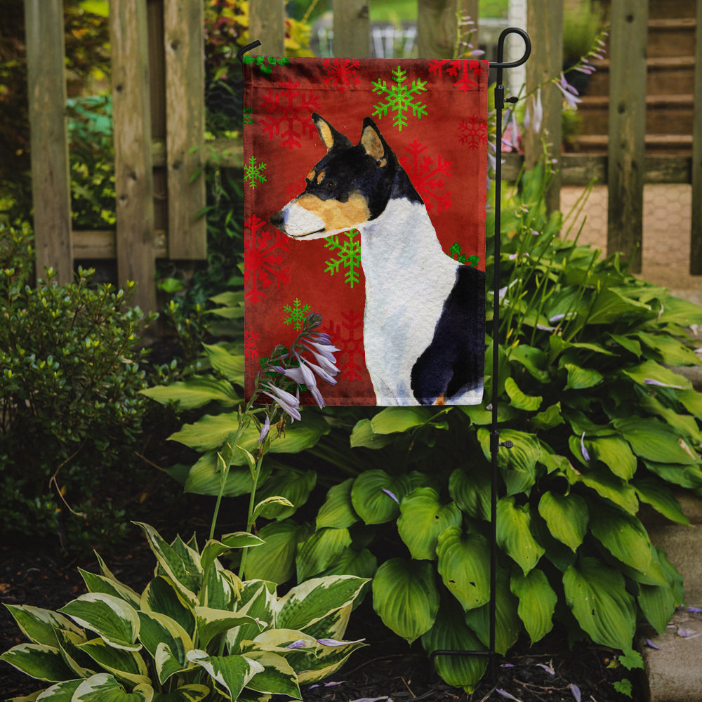 Basenji Red and Green Snowflakes Holiday Christmas Flag Garden Size.