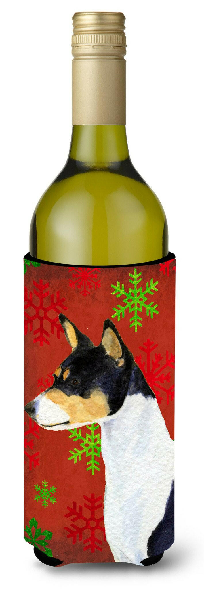 Basenji Red and Green Snowflakes Holiday Christmas Wine Bottle Beverage Insulator by Caroline's Treasures
