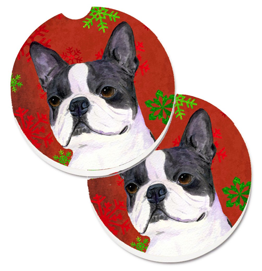 Boston Terrier Red Green Snowflakes Christmas Set of 2 Cup Holder Car Coasters SS4723CARC by Caroline&#39;s Treasures