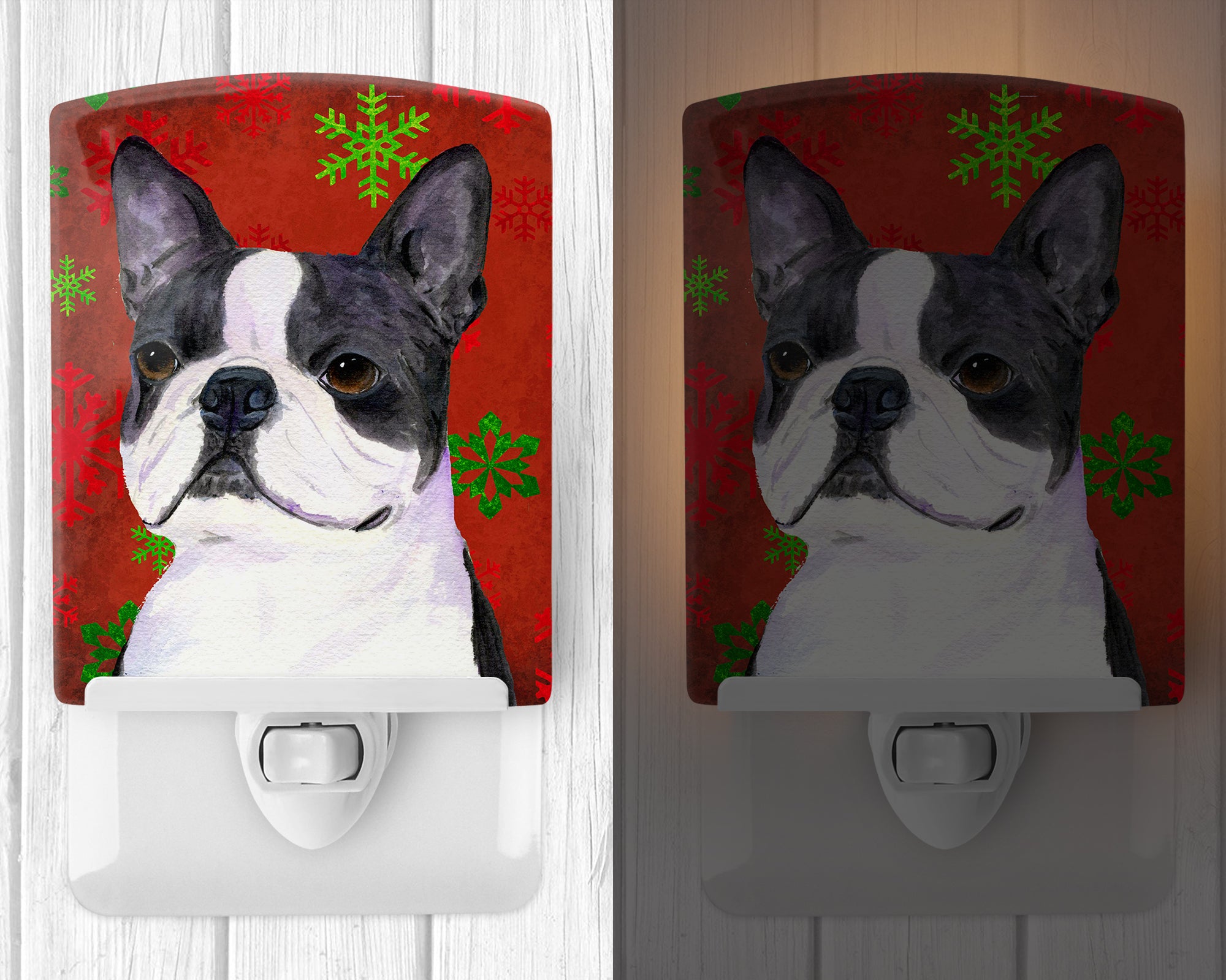 Boston Terrier Red Green Snowflakes Christmas Ceramic Night Light SS4723CNL - the-store.com