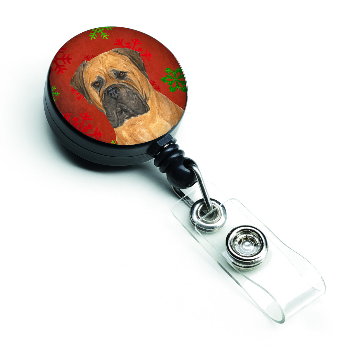 Bullmastiff Red and Green Snowflakes Holiday Christmas Retractable Badge Reel SS4724BR