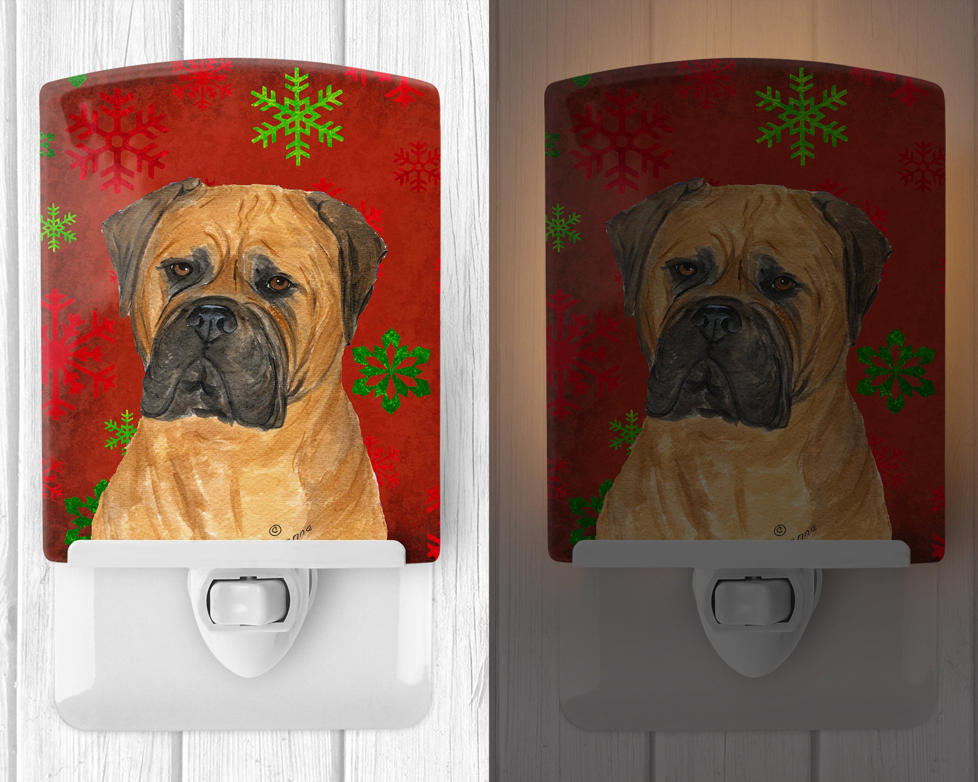 Bullmastiff Red and Green Snowflakes Holiday Christmas Ceramic Night Light SS4724CNL - the-store.com