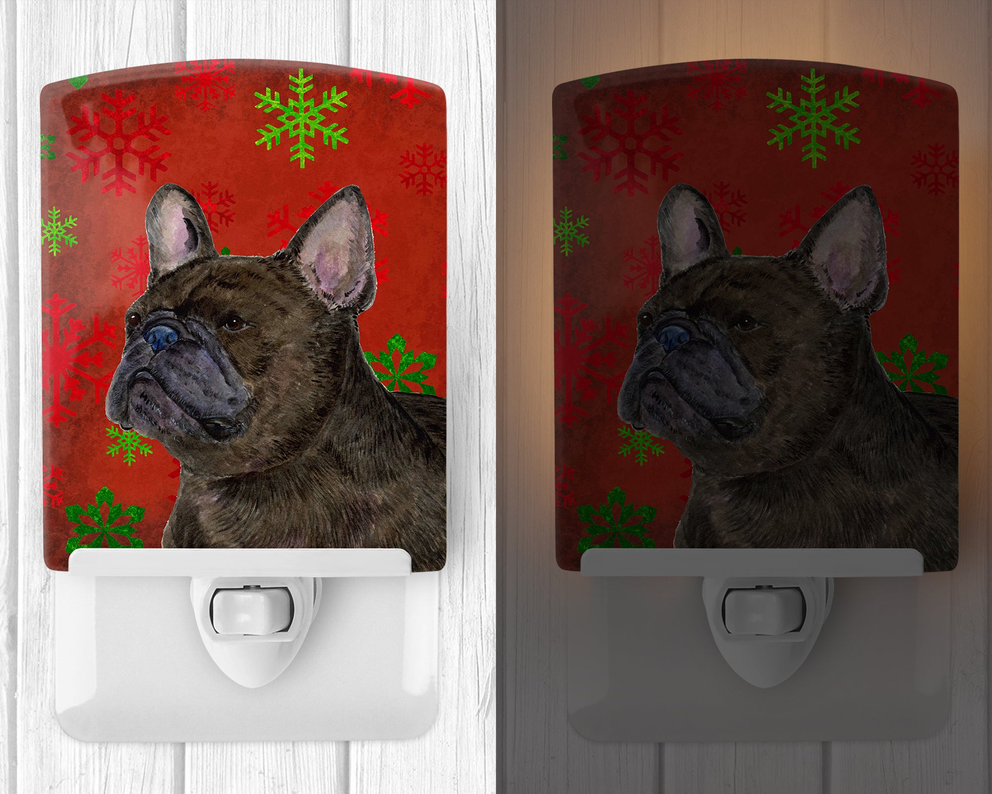 French Bulldog Red and Green Snowflakes Holiday Christmas Ceramic Night Light SS4726CNL - the-store.com