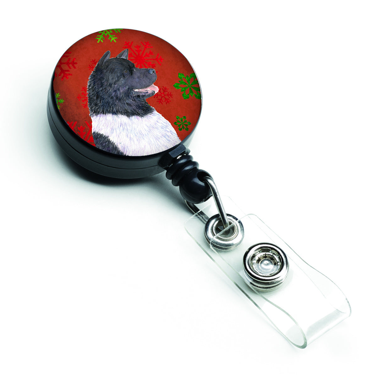 Akita Red and Green Snowflakes Holiday Christmas Retractable Badge Reel SS4728BR