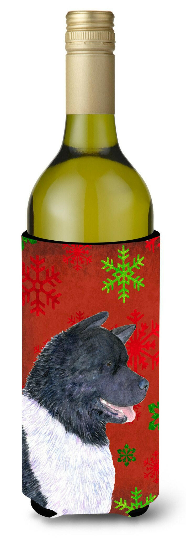 Akita Red and Green Snowflakes Holiday Christmas Wine Bottle Beverage Insulator Beverage Insulator Hugger by Caroline&#39;s Treasures