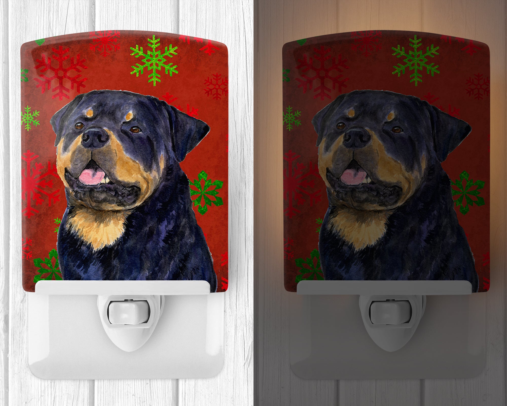 Rottweiler Red and Green Snowflakes Holiday Christmas Ceramic Night Light SS4731CNL - the-store.com