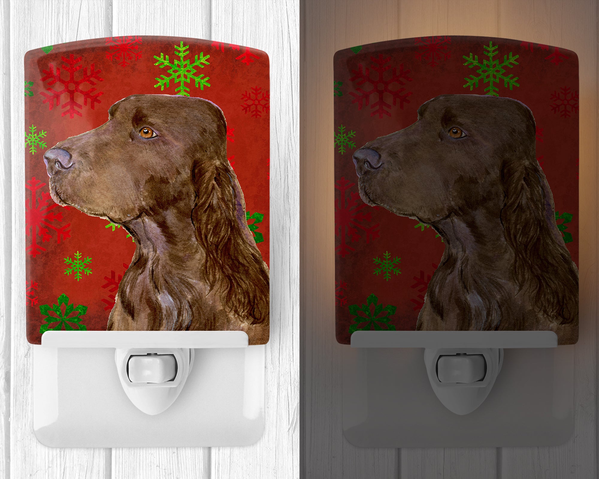 Field Spaniel Red and Green Snowflakes Holiday Christmas Ceramic Night Light SS4732CNL - the-store.com