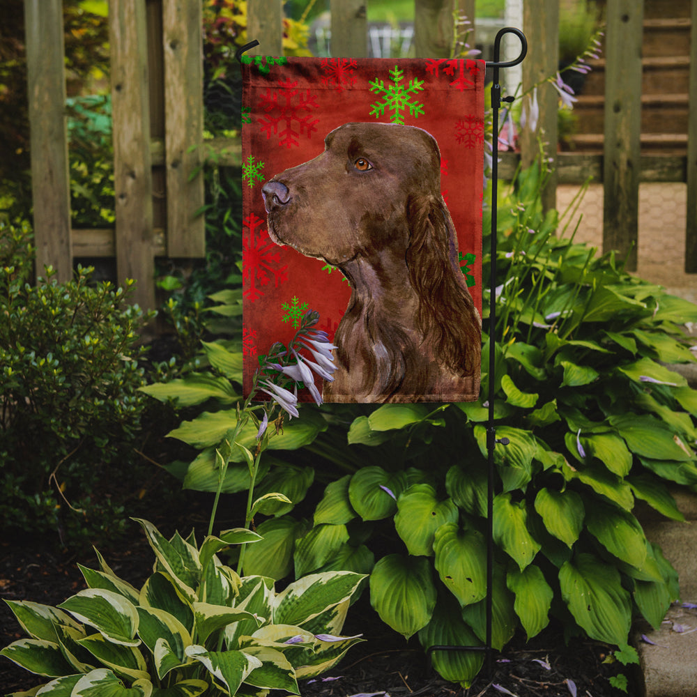 Field Spaniel Red and Green Snowflakes Holiday Christmas Flag Garden Size.