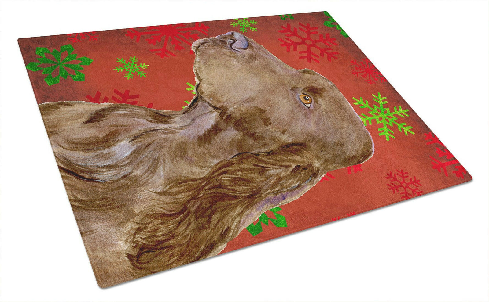 Field Spaniel Red and Green Snowflakes Christmas Glass Cutting Board Large by Caroline's Treasures