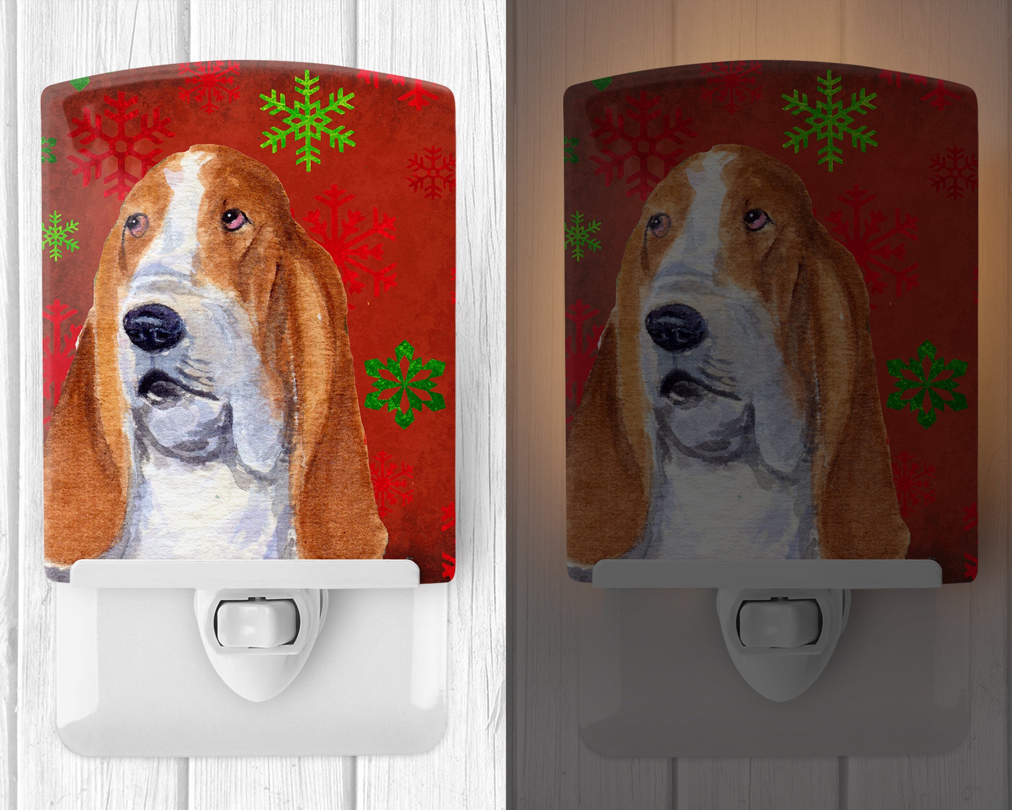 Basset Hound Red and Green Snowflakes Holiday Christmas Ceramic Night Light SS4735CNL - the-store.com