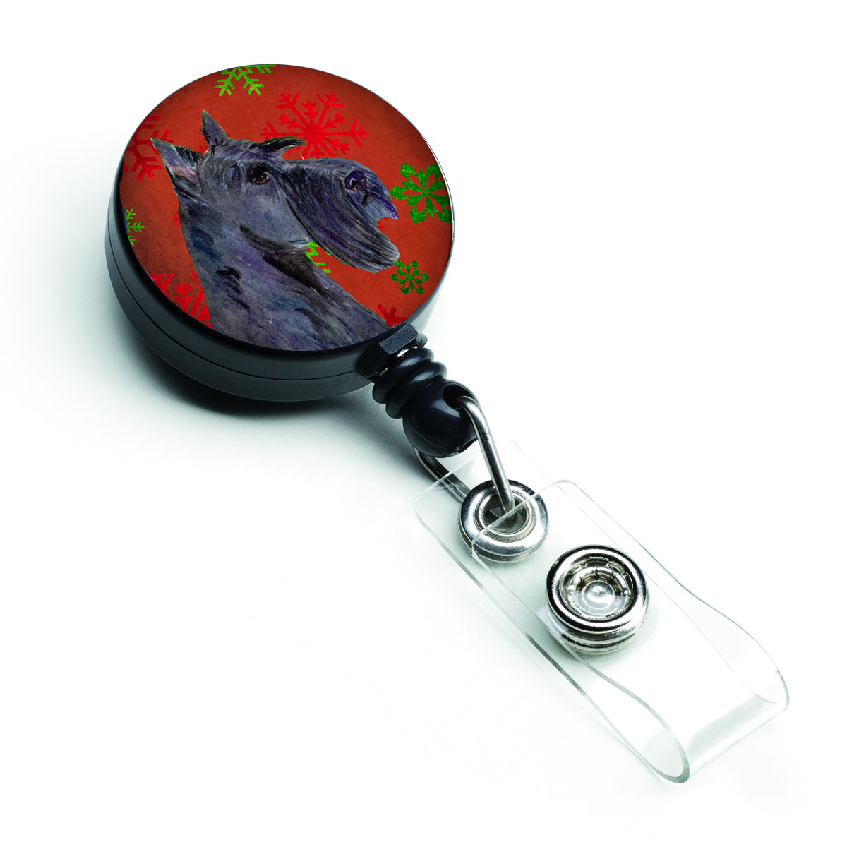 Scottish Terrier Red and Green Snowflakes Holiday Christmas Retractable Badge Reel SS4736BR