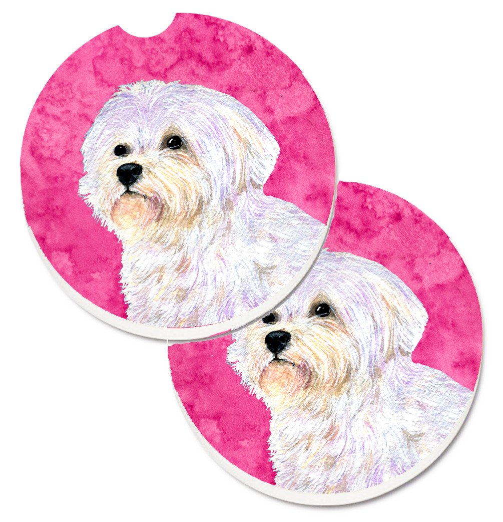Pink Maltese Set of 2 Cup Holder Car Coasters SS4757-PKCARC by Caroline's Treasures