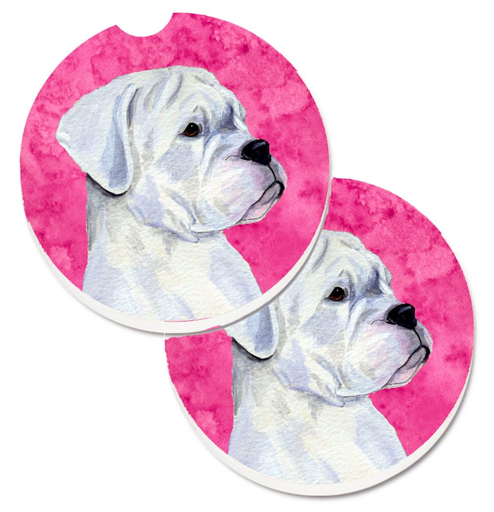 Pink White Natural Eared Boxer Set of 2 Cup Holder Car Coasters SS4785-PKCARC by Caroline's Treasures