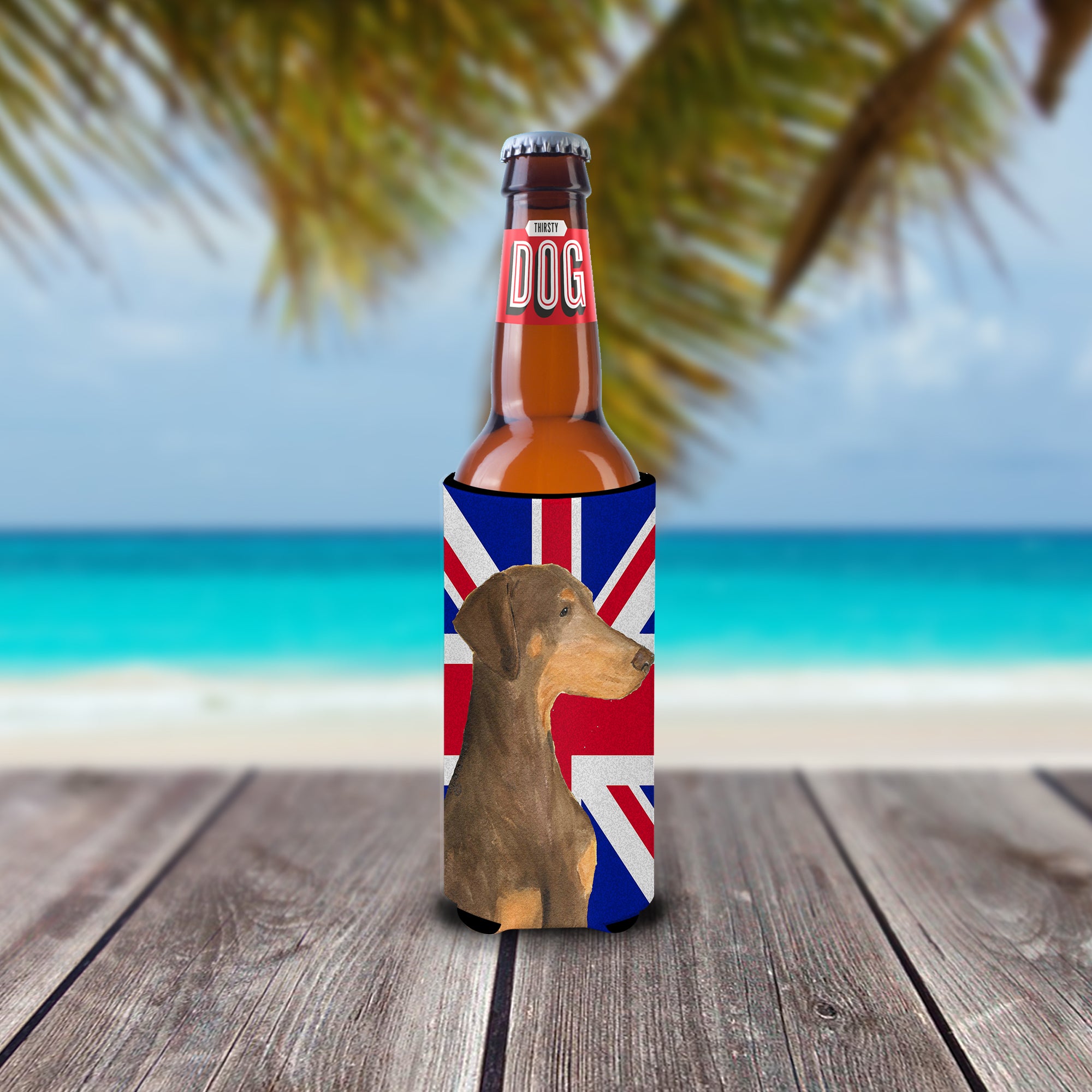 Doberman Natural Ears with English Union Jack British Flag Ultra Beverage Insulators for slim cans SS4921MUK.
