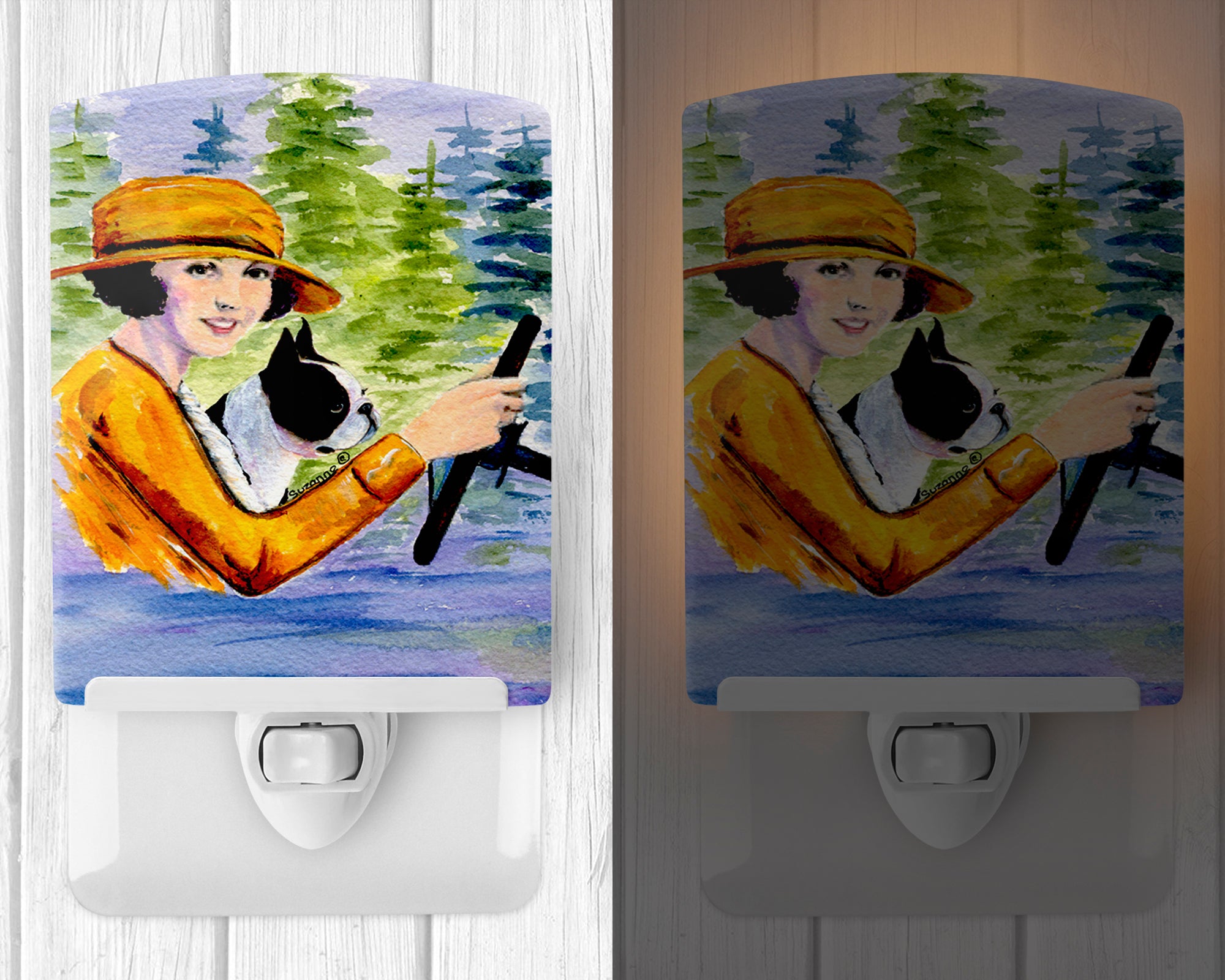 Woman driving with her Boston Terrier Ceramic Night Light SS8534CNL - the-store.com