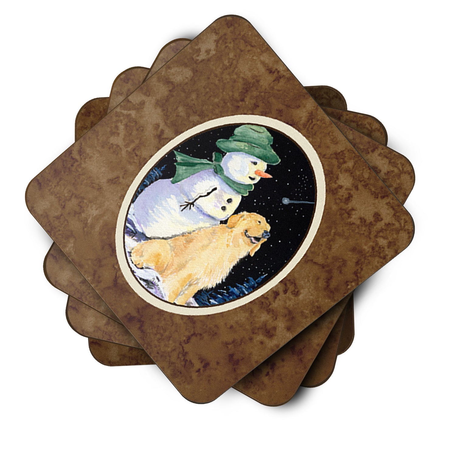 Set of 4 Golden with Snowman in Green Hat Retriever Foam Coasters - the-store.com